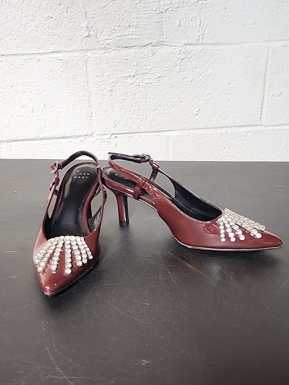 a new day Serafina  Burgundy Patent Slingback Heels with Crystal Fan Accents